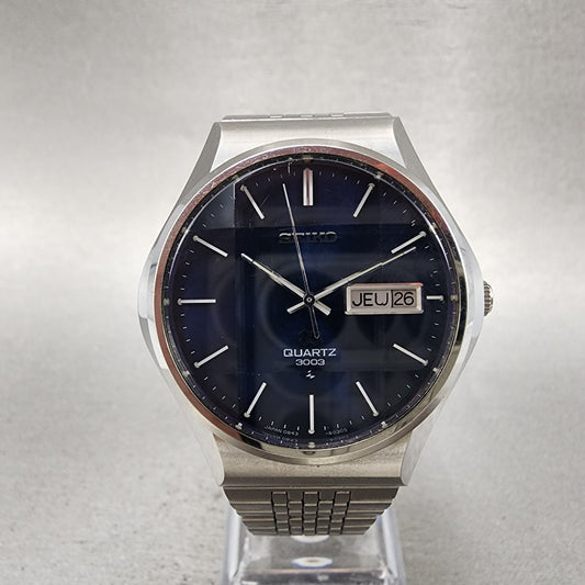 Seiko SQ 3003 Watch Men 37mm Blue Dial Silver Tone Daydate 08488038 New Battery0