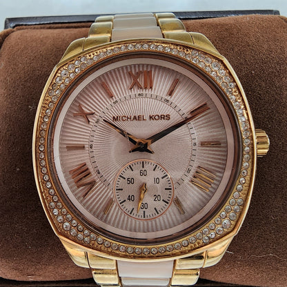 Michael Kors Bryn Watch Women 38mm Rose Dial Rose Gold Tone Round New Battery1