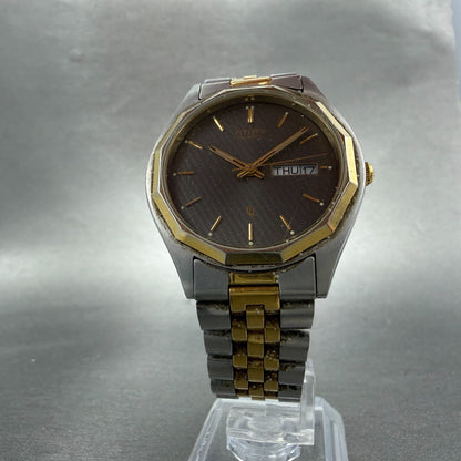 Citizen CQ Watch Men 36mm Gray Dial Two Tone Daydate Round 6100-S18655 New BattP5