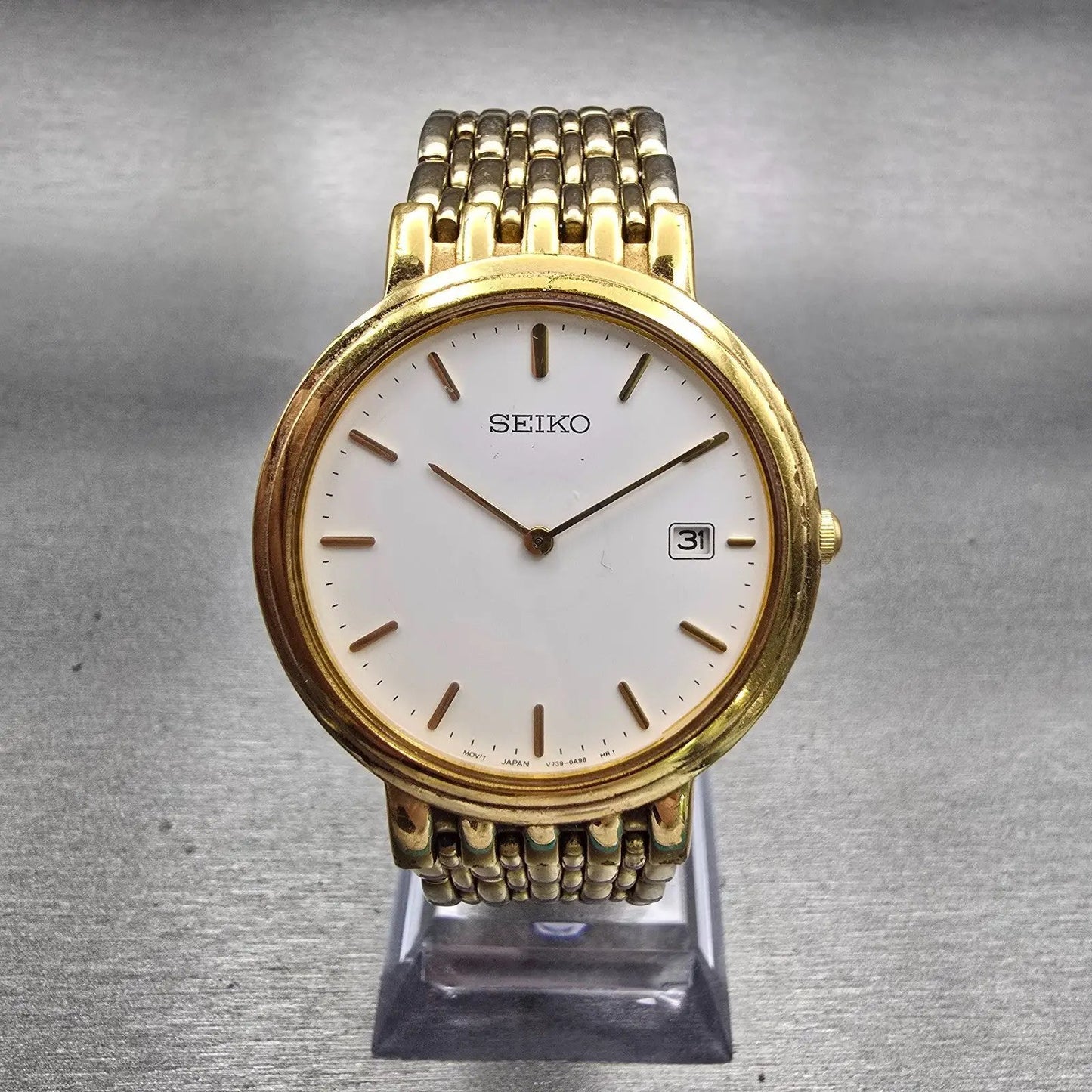 Seiko Watch Men 33mm White Dial Gold Tone Date Round V739-0A59 New Battery VTG0