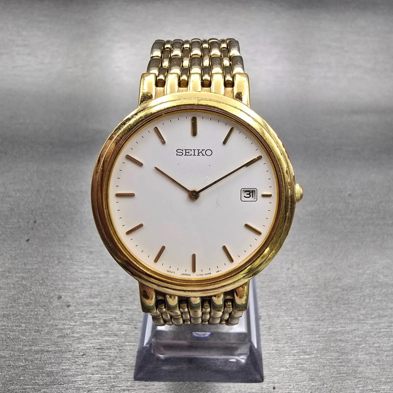 Seiko Watch Men 33mm White Dial Gold Tone Date Round V739-0A59 New Battery VTG0