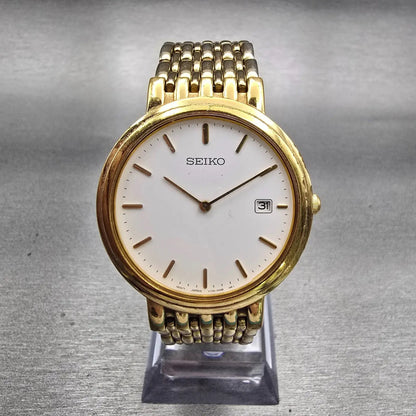 Seiko Watch Men 33mm White Dial Gold Tone Date Round V739-0A59 New Battery VTG0
