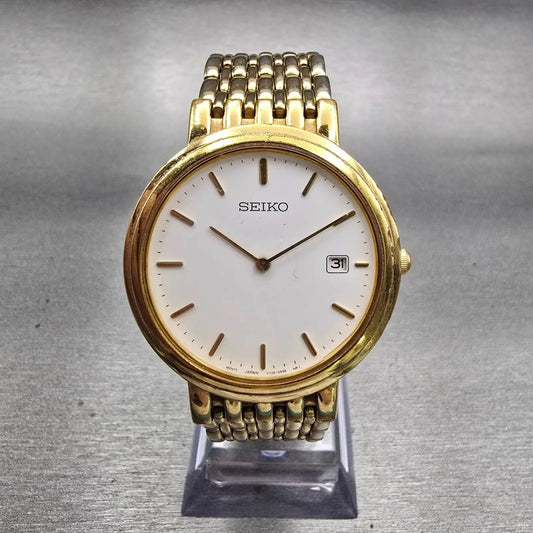 Seiko Watch Men 33mm White Dial Gold Tone Date Round V739-0A59 New Battery VTG0