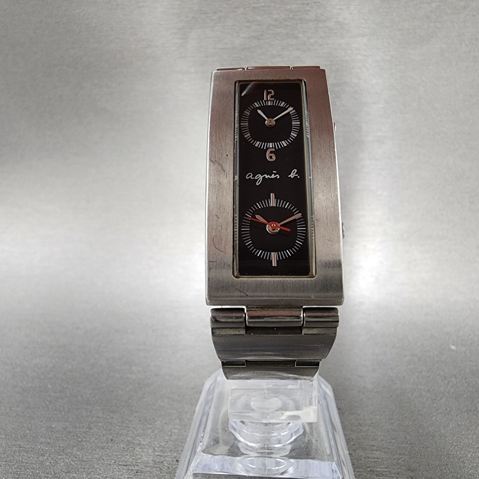 Anges B Dual Time Watch Women 19mm Black Dial Steel Rectangle New Battery5