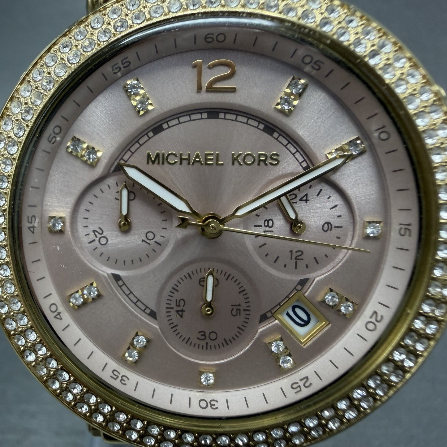 Michael Kors Parker Chronograph Watch Women 39mm Pink Dial Gold Tone Date NewBat1