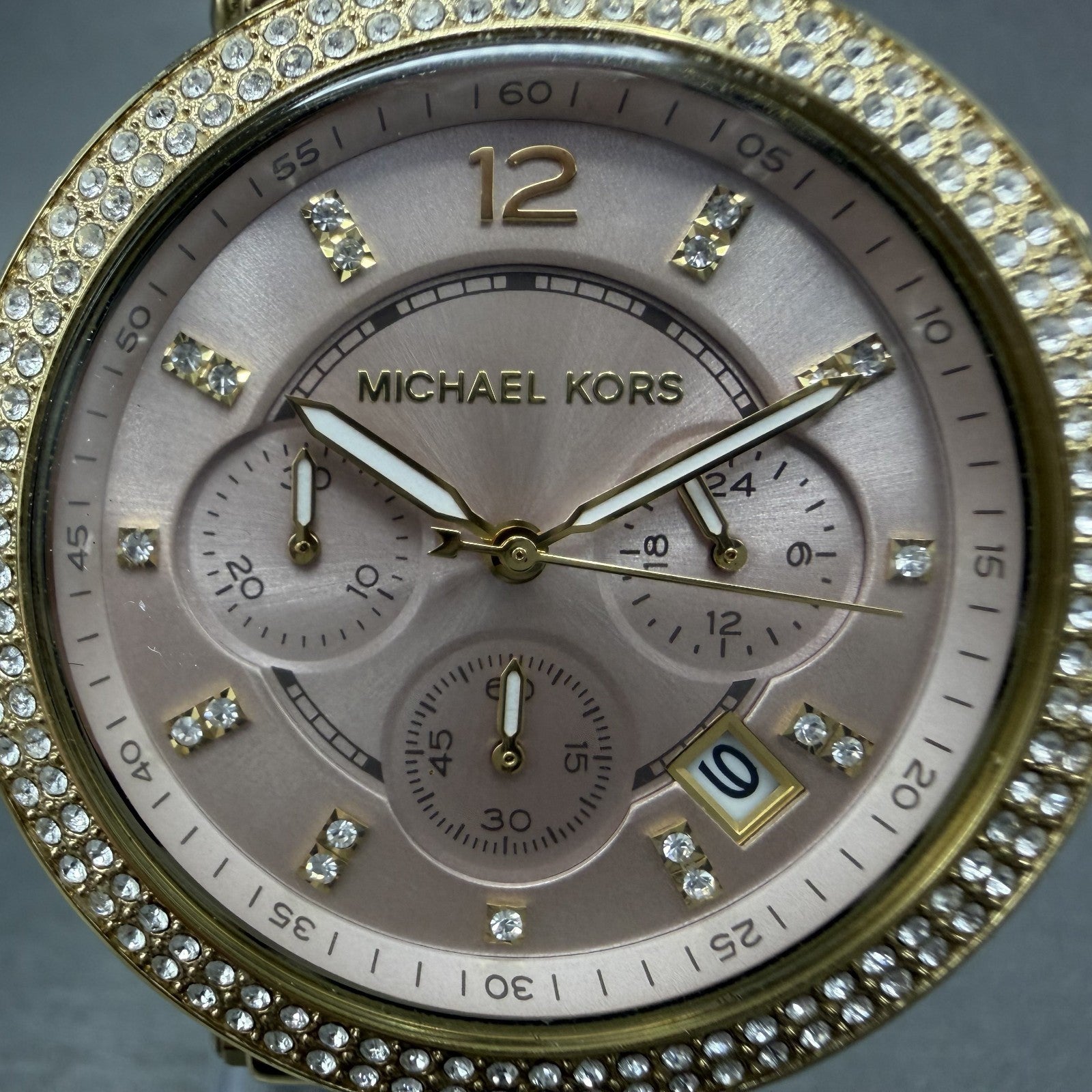 Michael Kors Parker Chronograph Watch Women 39mm Pink Dial Gold Tone Date NewBat1