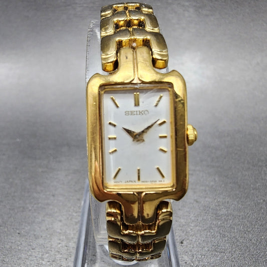 Seiko Tank Watch Women 16mm White Dial Gold Tone Rectangle 1N006T10 New Battery0