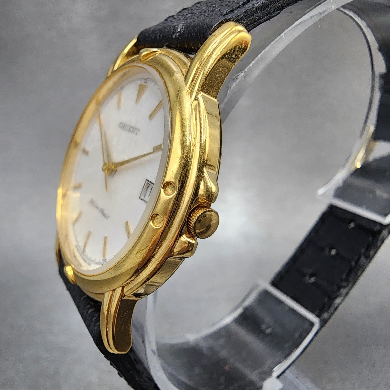 Orient Watch Men 32mm White Dial Gold Tone Date Round New Battery2