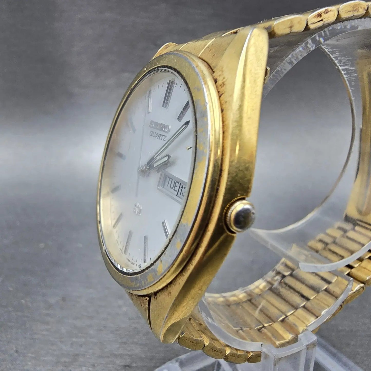 Seiko SQ Watch Men 36mm Silver Dial Gold Tone Daydate Round 5Y23-8180 PARTS VTG3
