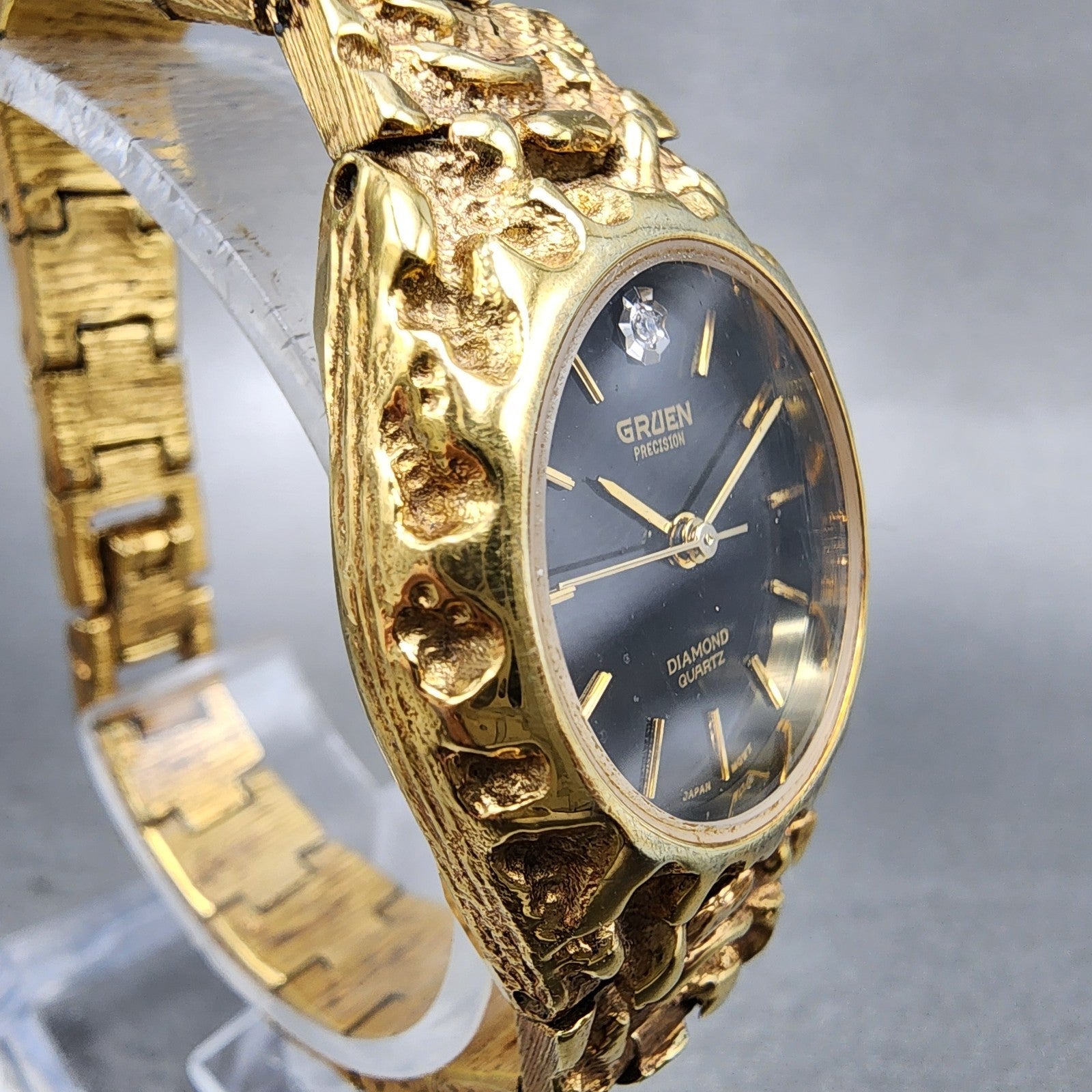 Gruen Watch Women 25mm Black Dial Gold Nugget Case Tone New Battery VTG4