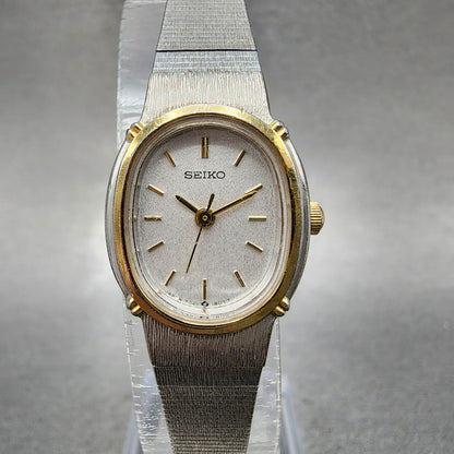 Seiko Watch Women 18mm White Dial Two Tone Oval 73216100 New Battery0