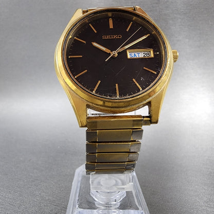 Seiko Watch Men 37mm Black Dial Gold Tone Daydate Round 7N439048 New Battery5