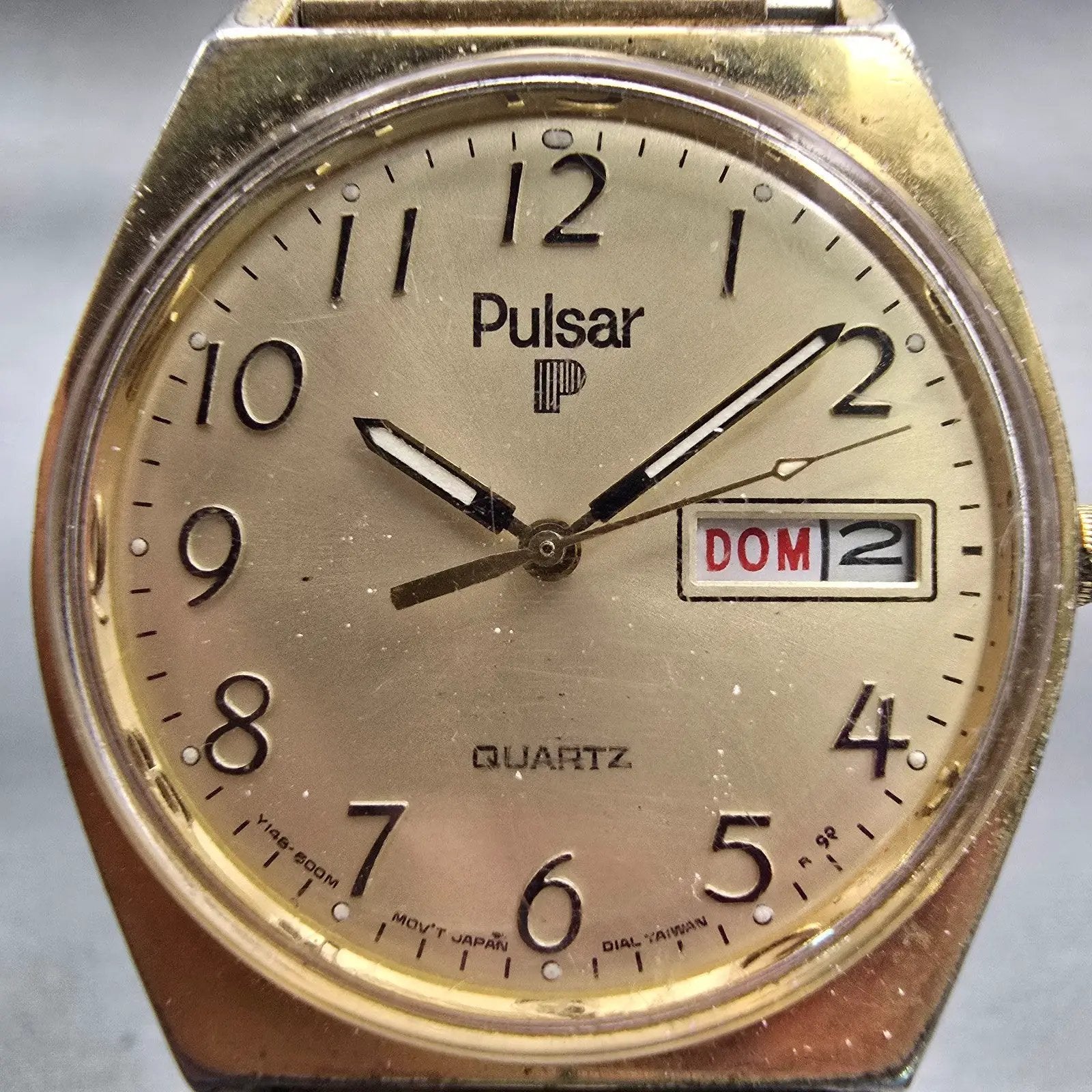 Seiko Pulsar Watch Men 34mm Champagne Dial Gold Tone Daydate Y148-8009 New Batt1
