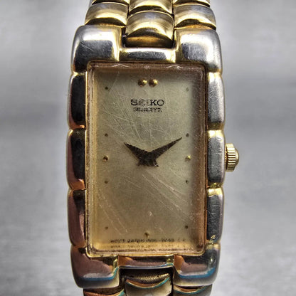 Seiko Watch Women 16mm Champagne Dial Gold Tone Rectangle 1N00-5G09 New Battery1