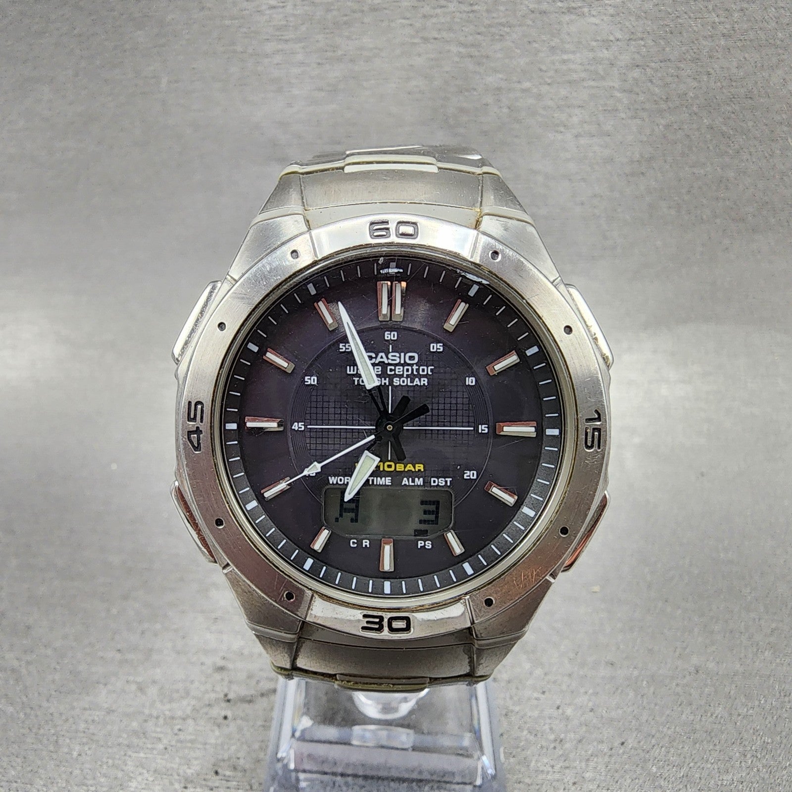 Casio Wave Ceptor Solar Watch Men 42mm Black Dial Analog Digital Steel Runs0