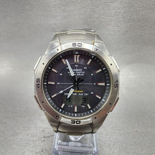 Casio Wave Ceptor Solar Watch Men 42mm Black Dial Analog Digital Steel Runs0
