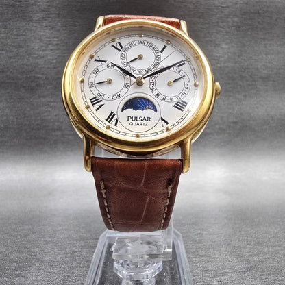 Seiko Pulsar Watch Men 33mm White Dial Gold Daydate V33F-7020 New Battery5