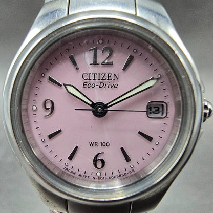 Citizen Eco-Drive Watch Women 26mm Pink Dial Silver Tone Date E011-S039941 Runs1