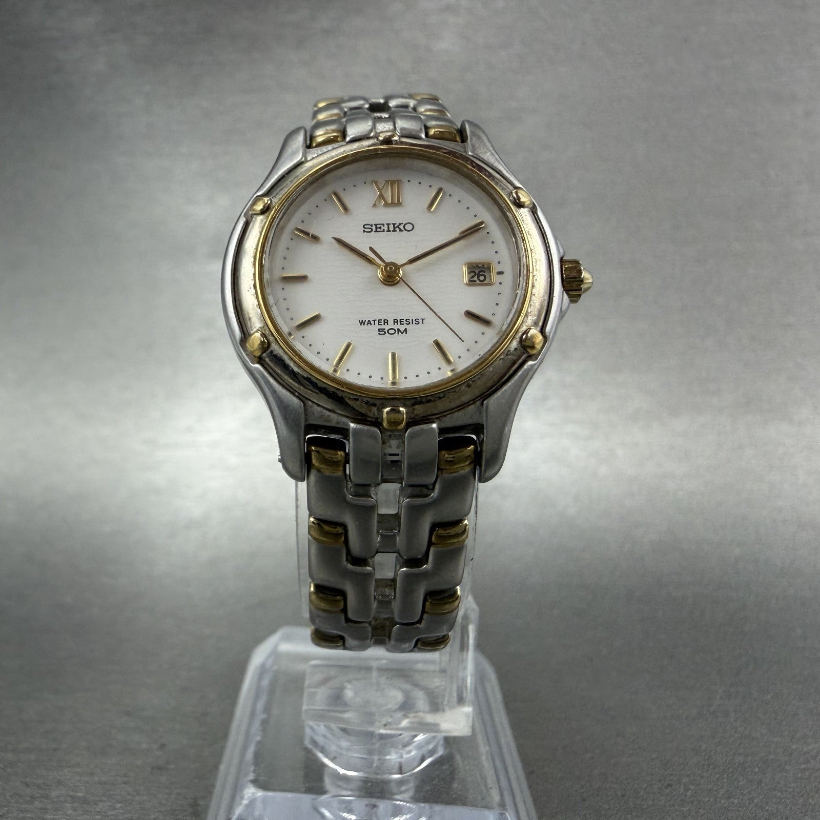 Seiko Watch Women 26mm White Dial Two Tone Date Round 7n82-0599 New Battery JKGL5