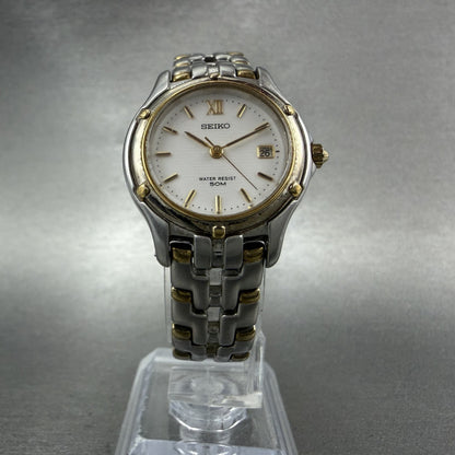Seiko Watch Women 26mm White Dial Two Tone Date Round 7n82-0599 New Battery JKGL5