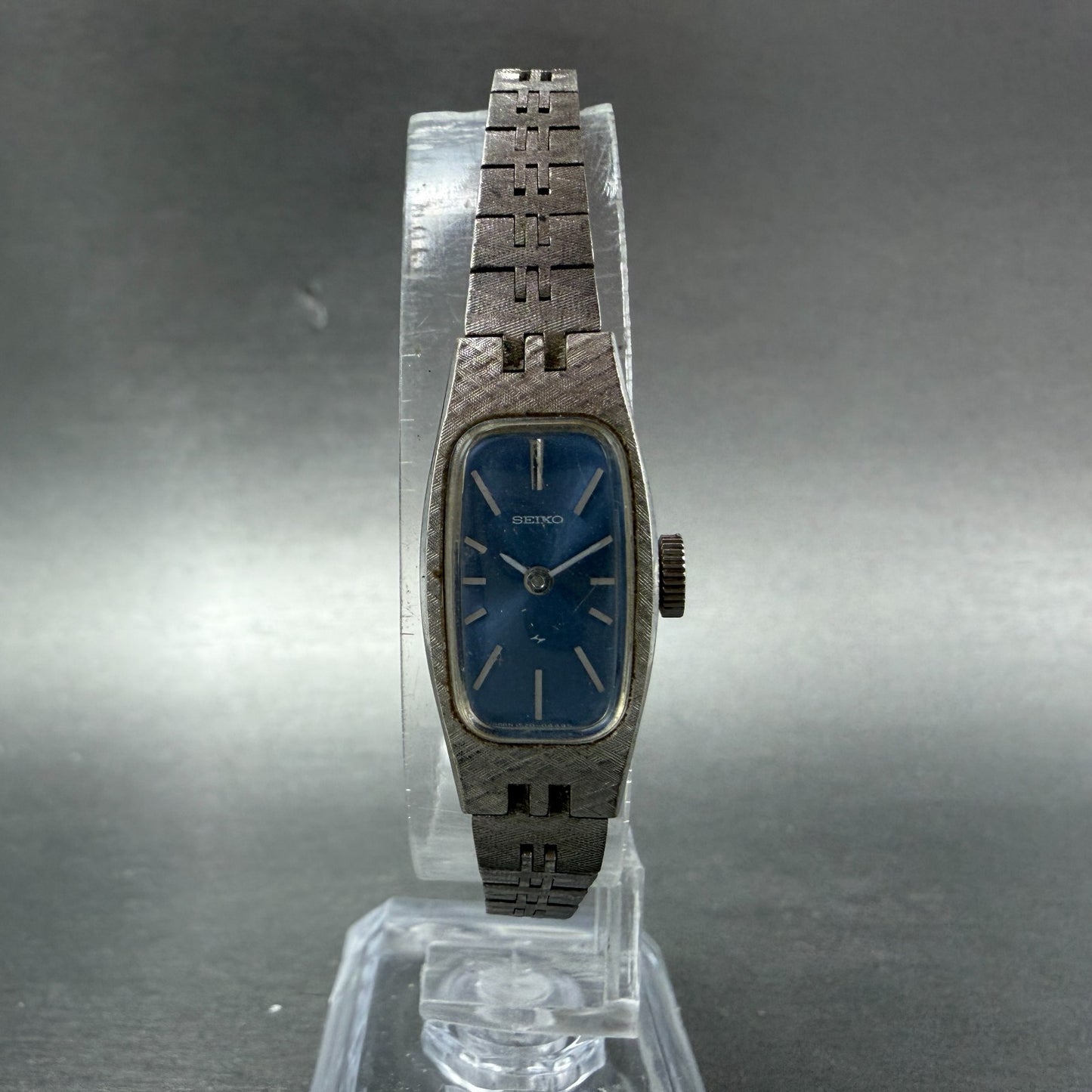 Seiko Watch Women 14mm Blue Dial Silver Tone Rectangle 1520-3629 Manual Runs JH75