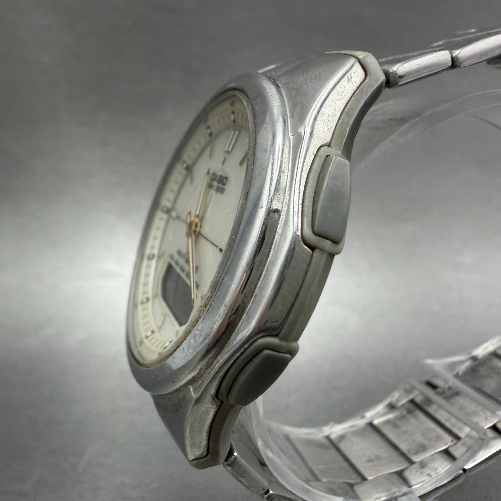 Casio Wave Ceptor Solar Watch Men 41mm White Dial Analog Digital Steel Runs LKH2