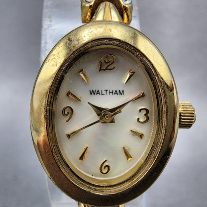 Waltham Watch Women MOP Dial Gold Tone Oval Crystal Accents New Battery1