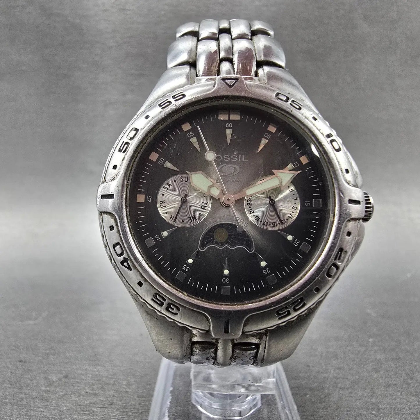Fossil Blue Dive Watch Men 40mm Gray Dial Steel Daydate Sun Moon BQ-9135 New Bat5