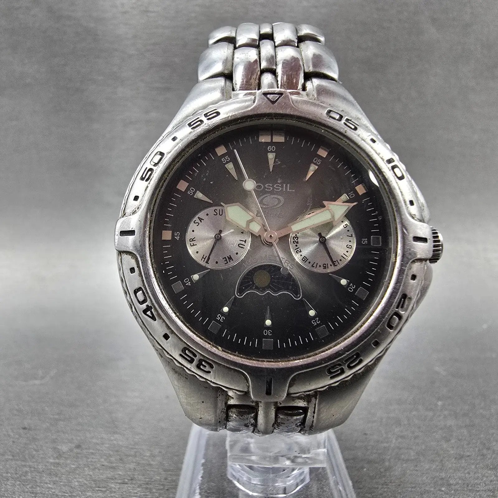 Fossil Blue Dive Watch Men 40mm Gray Dial Steel Daydate Sun Moon BQ-9135 New Bat5