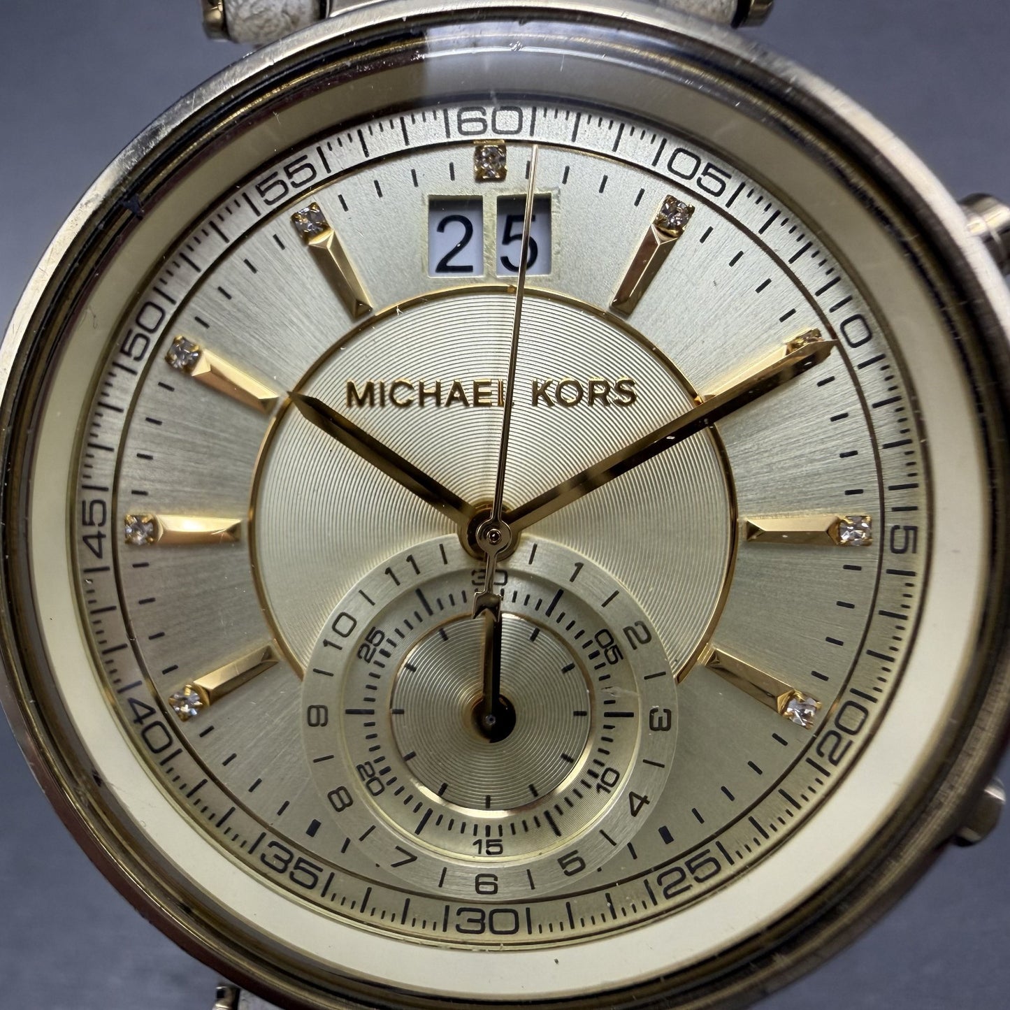 Michael kors Sawyer Watch Women 38mm Gold Dial Gold Tone Date Chrono New Batt1