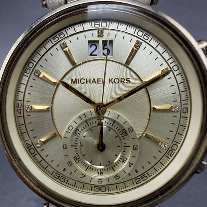 Michael kors Sawyer Watch Women 38mm Gold Dial Gold Tone Date Chrono New Batt1