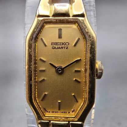 Seiko Watch Women 12mm Gold Dial Gold Tone Rectangle 2E20-6179 New Battery VTG1