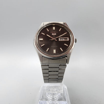 VTG Seiko 5 Watch Men 34mm Gray Dial Silver Tone Daydate Round 8C23-6010 New Bat