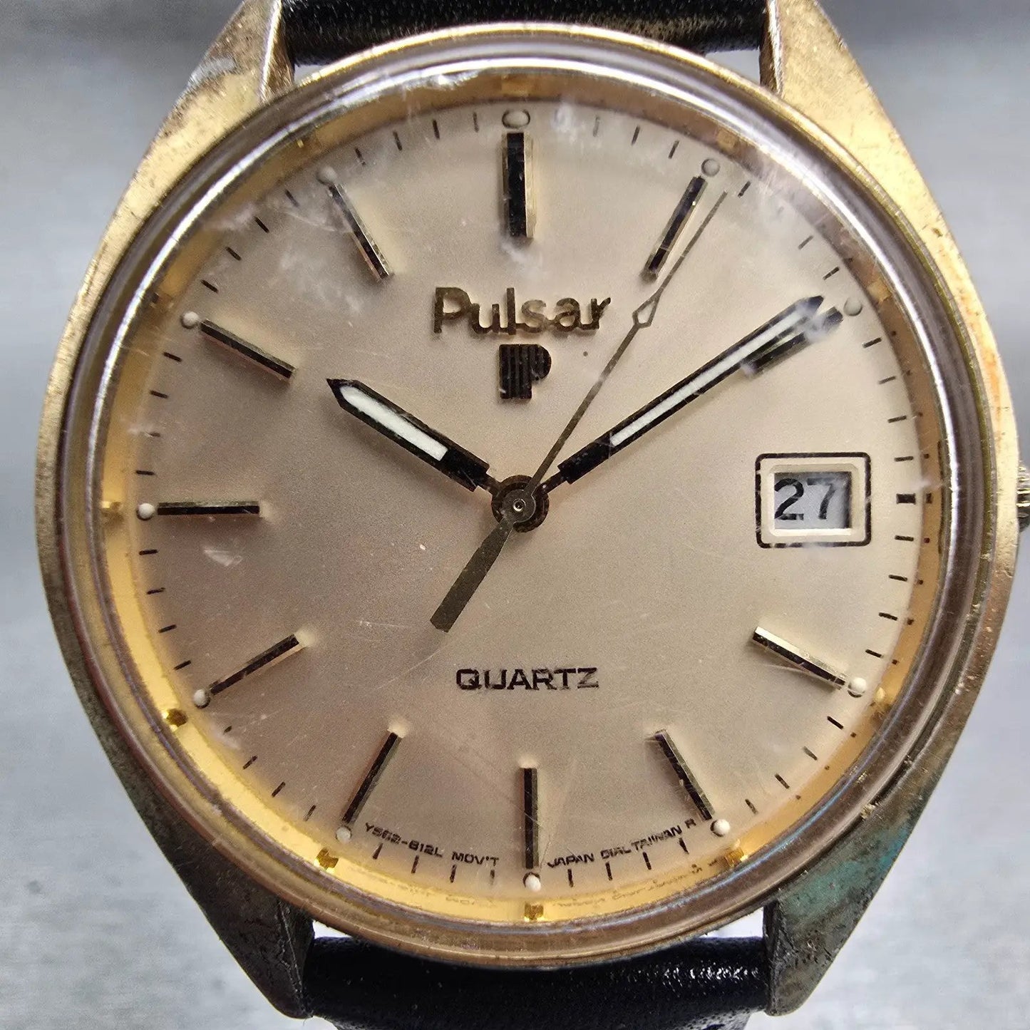 Seiko Pulsar Watch Men 36mm Champagne Dial Gold Tone Date Y562-8139 New Battery1