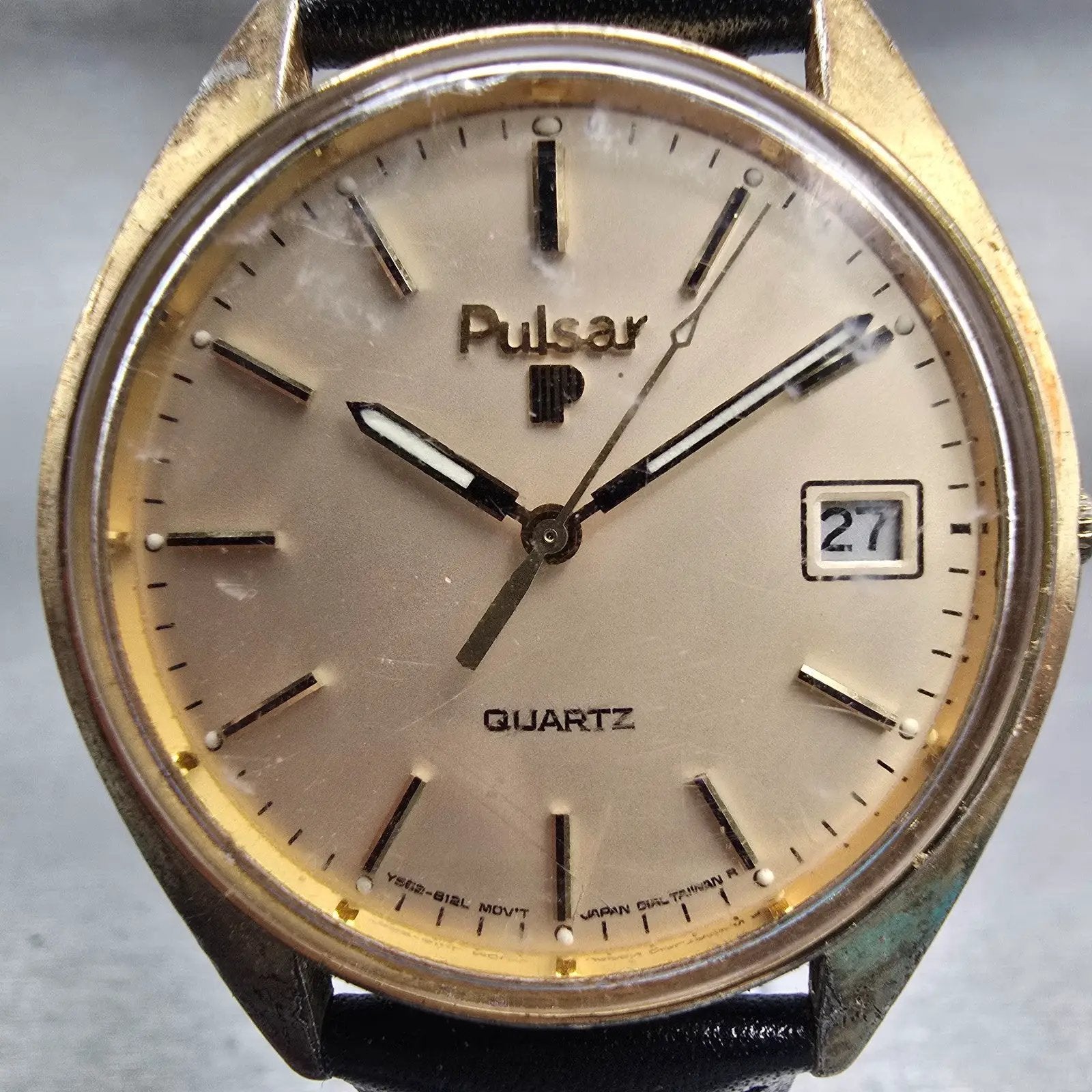 Seiko Pulsar Watch Men 36mm Champagne Dial Gold Tone Date Y562-8139 New Battery1
