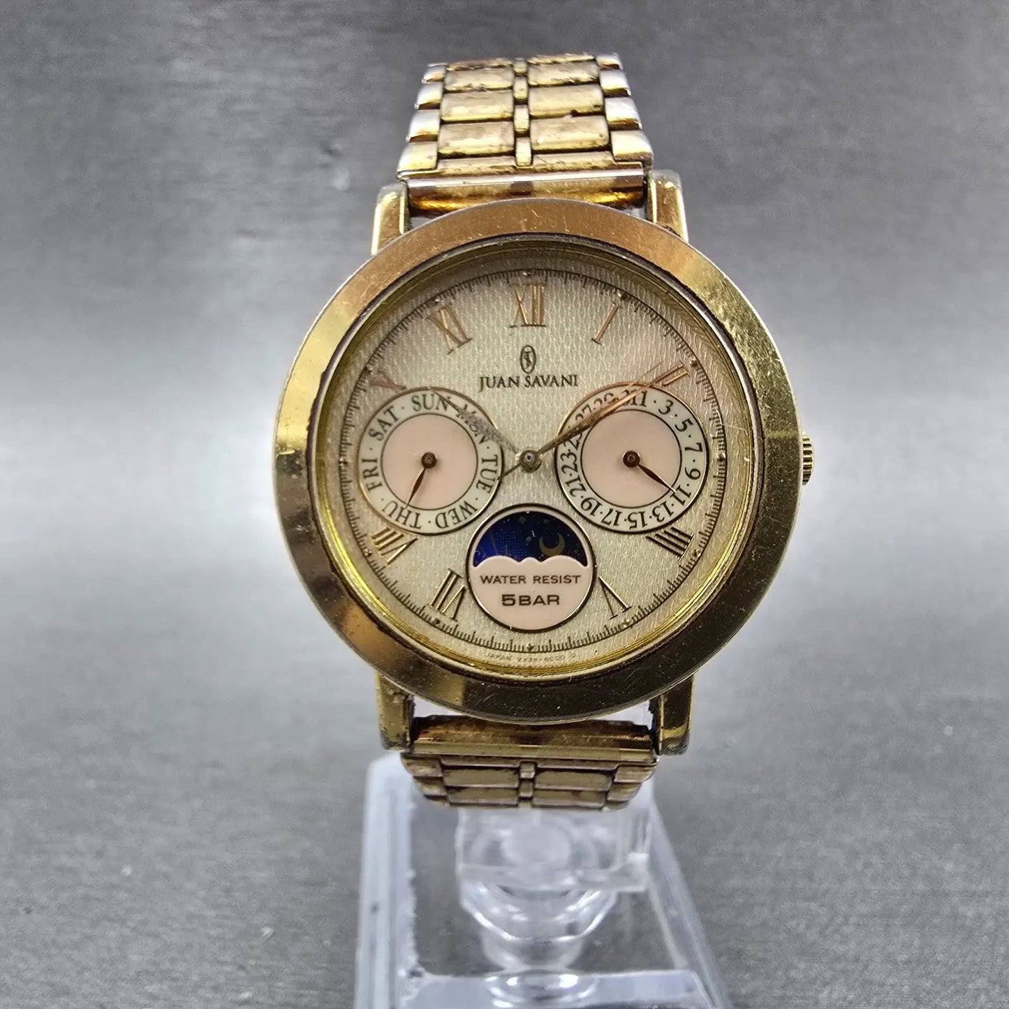 Juan Savani Watch Men 34mm Champagne Dial Gold Tone Daydate JS003 New Battery0