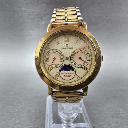 Juan Savani Watch Men 34mm Champagne Dial Gold Tone Daydate JS003 New Battery0