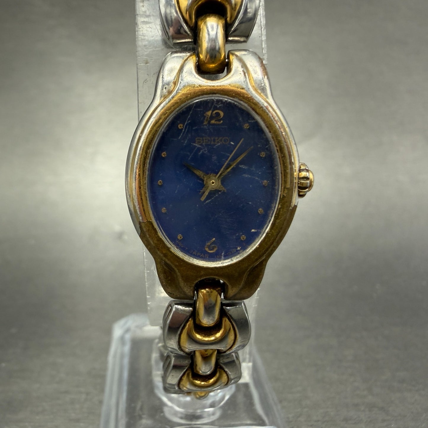 Seiko Watch Women 19mm Blue Dial Two Tone Oval Vintage 1N01-5B09 New Battery0