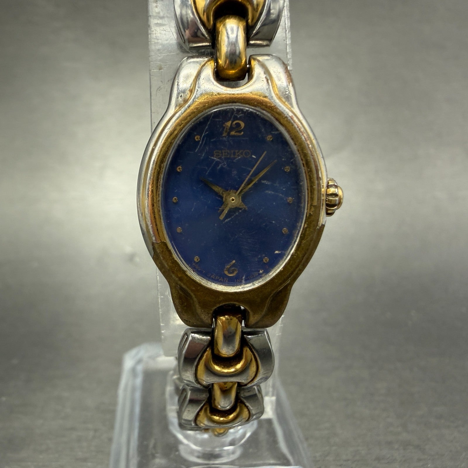 Seiko Watch Women 19mm Blue Dial Two Tone Oval Vintage 1N01-5B09 New Battery0