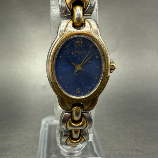 Seiko Watch Women 19mm Blue Dial Two Tone Oval Vintage 1N01-5B09 New Battery0