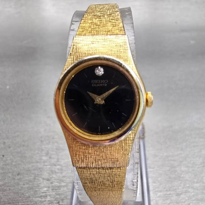 Seiko Watch Women 17mm Black Dial Gold Tone Oval 2Y00-0069 New Battery Vintage0