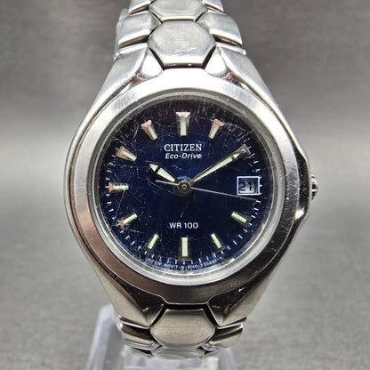 Citizen Eco-Drive Watch Women 27mm Blue Dial Silver Tone Date E010-K16393 Runs0