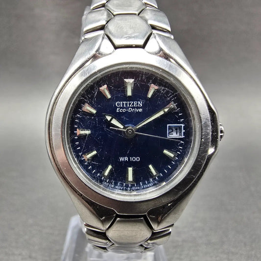 Citizen Eco-Drive Watch Women 27mm Blue Dial Silver Tone Date E010-K16393 Runs0