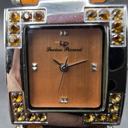 Lucien Piccard Tank Watch Women 23mm Orange Dial Silver Gem Set Rectangle NewBat1