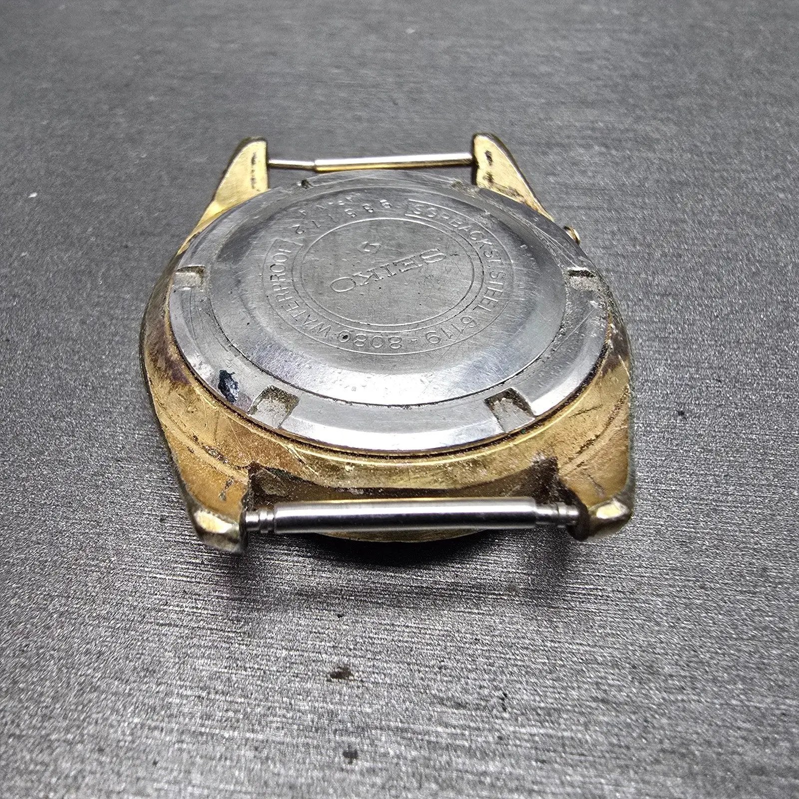 Seiko 5 Automatic Watch Men 37mm Black Gold Tone Daydate 6119-8080 Round PARTS11
