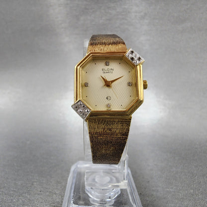 Elgin Watch Women 21mm Champagne Dial Gold Tone Octagon Diamond bezel New Batt5