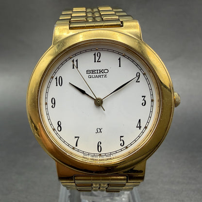 Seiko SX Watch Men 34mm White Dial Gold Tone Round V701-1K00 New Battery0