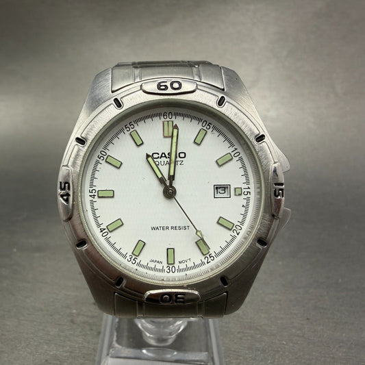 Casio Dive Watch Men 41mm White Dial Silver Tone Date Round MTP-1244 PARTS VTG0