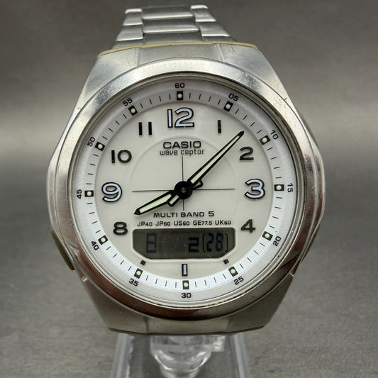 Casio Wave Ceptor Solar Watch Men 41mm White Dial Analog Digital Steel Runs KPO0