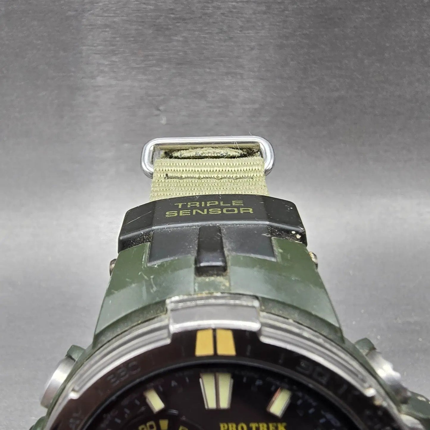 Casio Protrek Watch Men 51mm Gray Dial Green Triple Sensor Solar PRW-6000SG Runs4